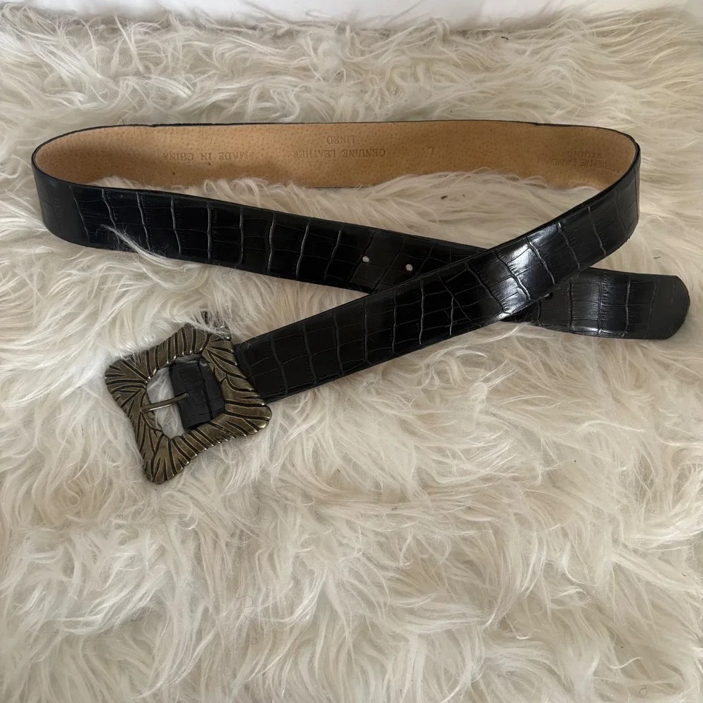 Adrienne Landau Studio Black Croc‎ Embossed Leather Belt Bronze Buckle Size L
